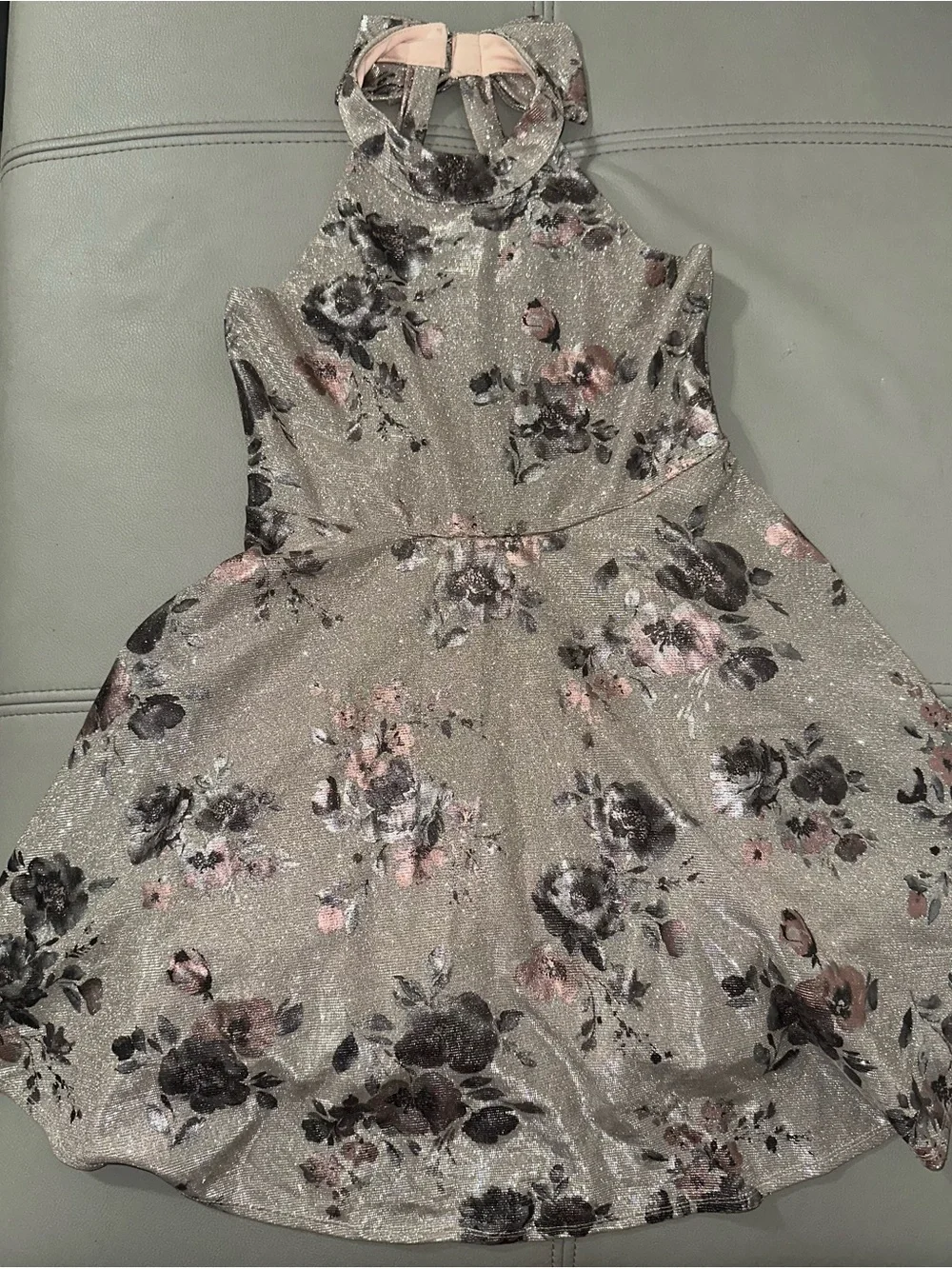 Emerald Sundae Silver Glitter Floral Halter Dress with Pink and Black Accents